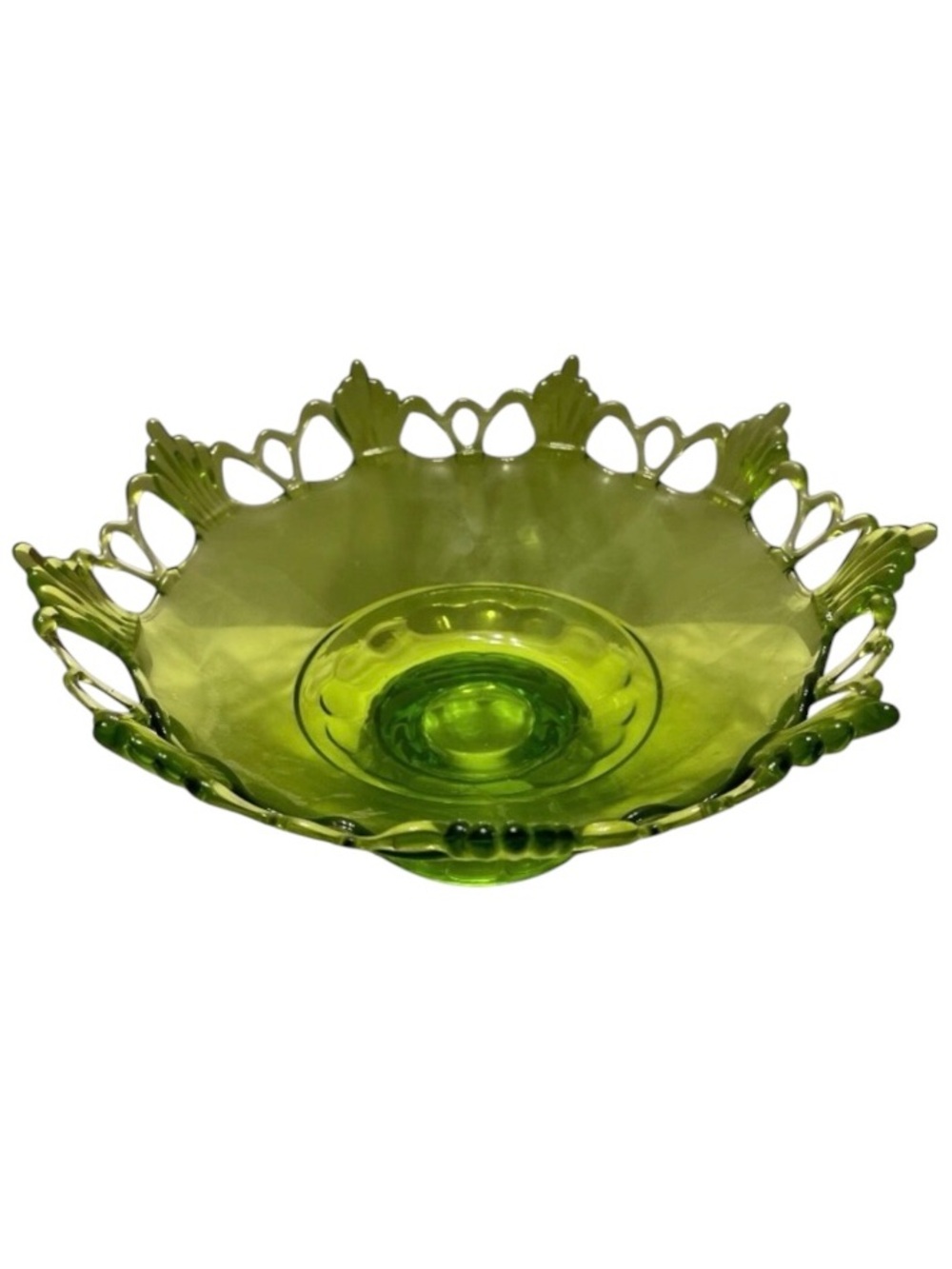 Vtg Westmoreland Green Glass Rung and Petal Open Lace Pedestal Bowl. Pre owned